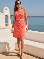 Sosandar Pink Broderie Button Front Pencil Dress With Rattan Belt - Image 2 of 5