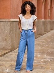 Sosandar Soft Denim Drawstring Waist Wide Leg Trousers - Εικόνα 2 από 5