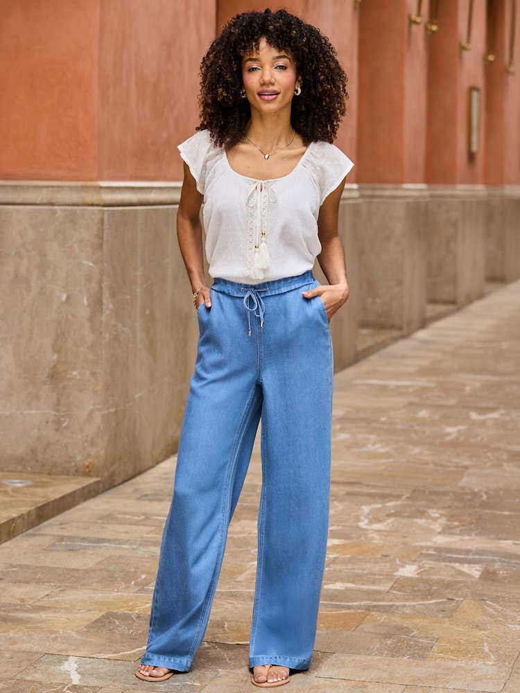 Sosandar Soft Denim Drawstring Waist Wide Leg Trousers - Εικόνα 2 από 5