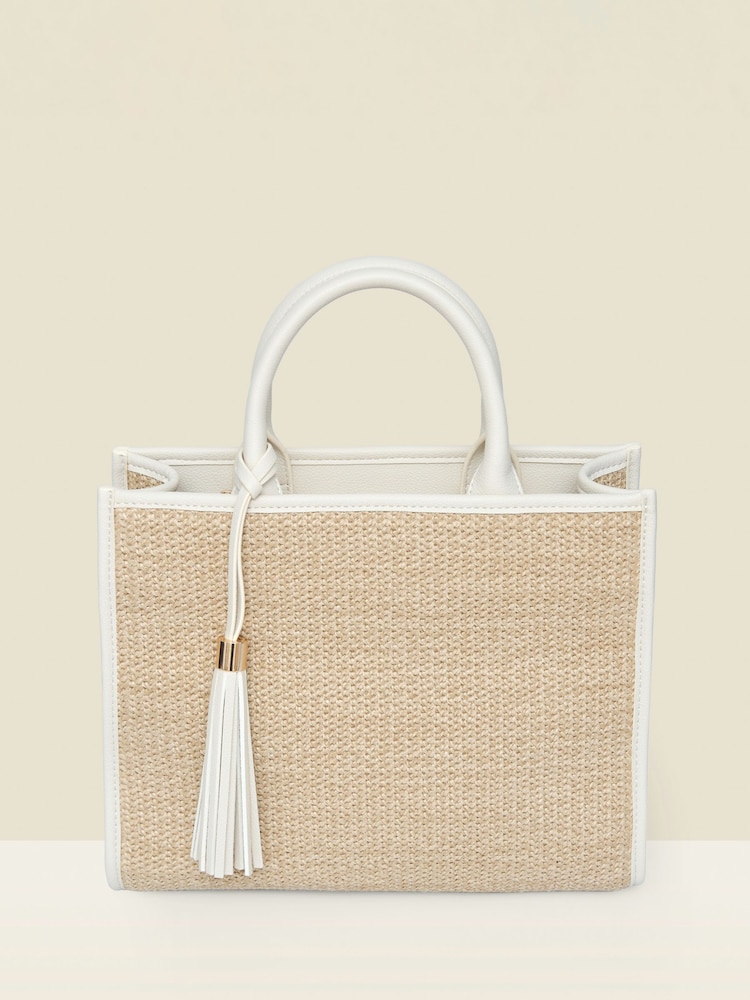Sosandar Natural Raffia & Ivory Trim Tassel Tote Bag - Image 1 of 3 Sosandar Natural Raffia & Ivory Trim Tassel Tote Bag - Image 1 of 3