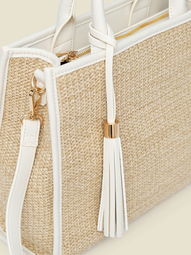 Sosandar Natural Raffia & Ivory Trim Tassel Tote Bag - Image 3 of 3 Sosandar Natural Raffia & Ivory Trim Tassel Tote Bag - Image 3 of 3