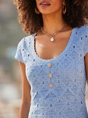 Sosandar Blue Crochet Scallop Detail Dress - Image 3 of 5