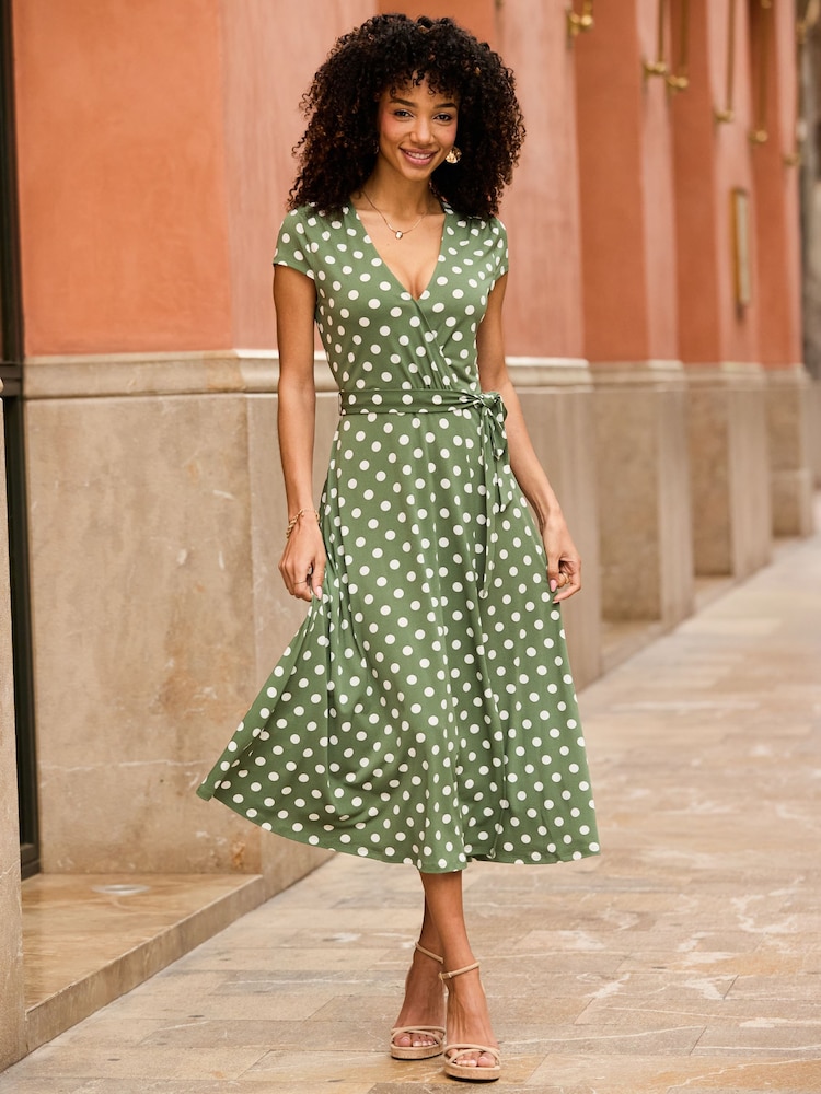 Sosandar Green Spot Print Faux Wrap Dress - Image 1 of 5 Sosandar Green Spot Print Faux Wrap Dress - Image 1 of 5