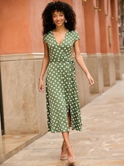 Sosandar Green Spot Print Faux Wrap Dress - Image 2 of 5