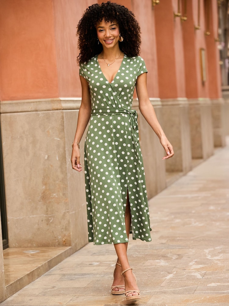 Sosandar Green Spot Print Faux Wrap Dress - Image 2 of 5 Sosandar Green Spot Print Faux Wrap Dress - Image 2 of 5