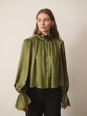 أخضر - CERENE Long Sleeve High Neck Satin Blouse - صورة 1 من 10