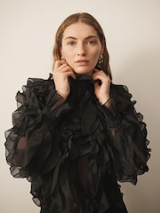 CERENE Catherine Black Dramatic Ruffle Long Sleeve Organza Blouse - Image 1 of 11