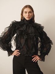 CERENE Catherine Black Dramatic Ruffle Long Sleeve Organza Blouse - Image 2 of 11