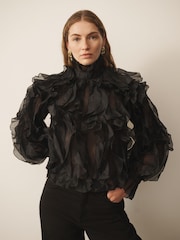 CERENE Catherine Black Dramatic Ruffle Long Sleeve Organza Blouse - Image 3 of 11
