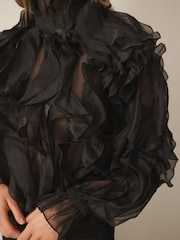 CERENE Catherine Black Dramatic Ruffle Long Sleeve Organza Blouse - Image 4 of 11