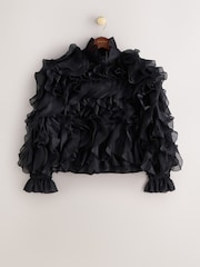 CERENE Catherine Black Dramatic Ruffle Long Sleeve Organza Blouse - Image 5 of 11