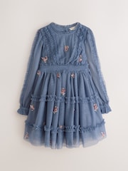 Laura Ashley Blue Mesh Floral Embroidered Dress - Image 1 of 6