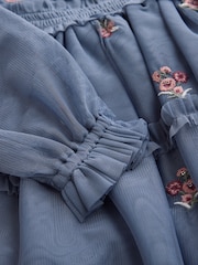 Laura Ashley Blue Mesh Floral Embroidered Dress - Image 5 of 6