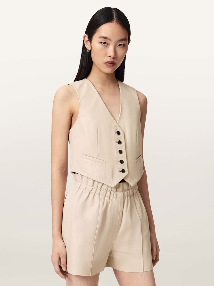 AllSaints Cream Arla Leather Waistcoat - Image 1 of 7