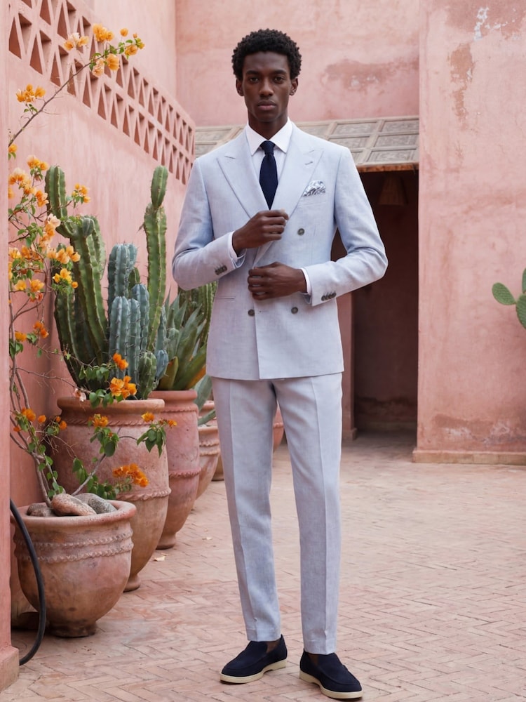Harry Brown Blue Slim Fit Linen Blend Suit Trousers - Image 1 of 8