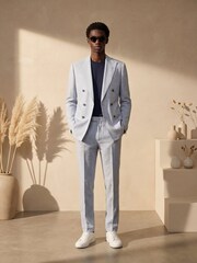 Harry Brown Blue Slim Fit Double Breasted Linen Blend Suit Jacket - Image 2 of 8