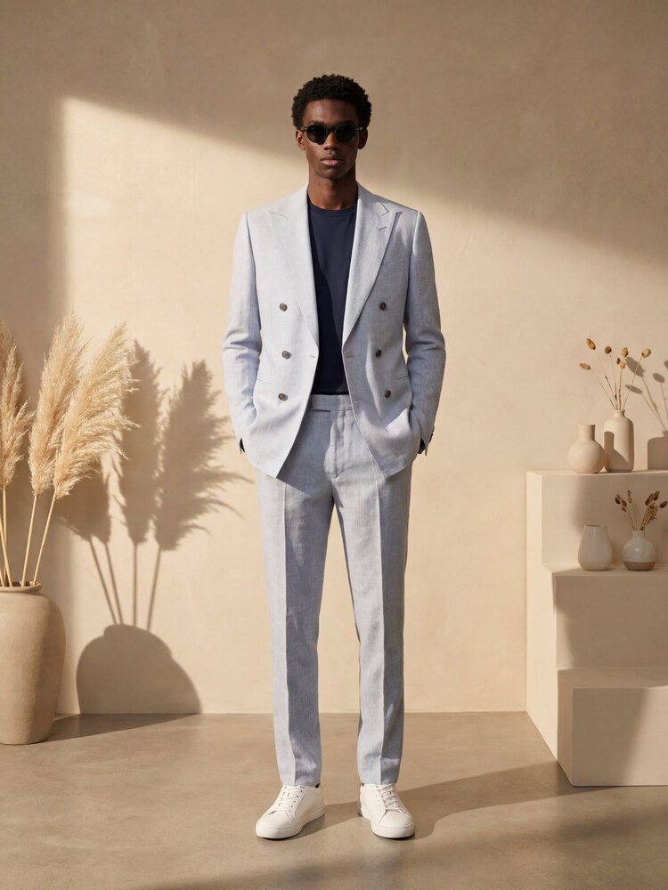 Harry Brown Blue Slim Fit Double Breasted Linen Blend Suit Jacket - Image 2 of 8 Harry Brown Blue Slim Fit Double Breasted Linen Blend Suit Jacket - Image 2 of 8