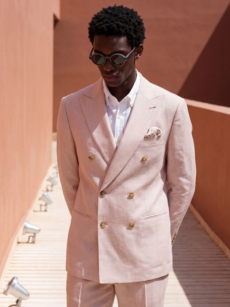 Harry Brown Pink Double Breasted Slim Fit Linen Blend Suit Jacket - Image 1 of 7