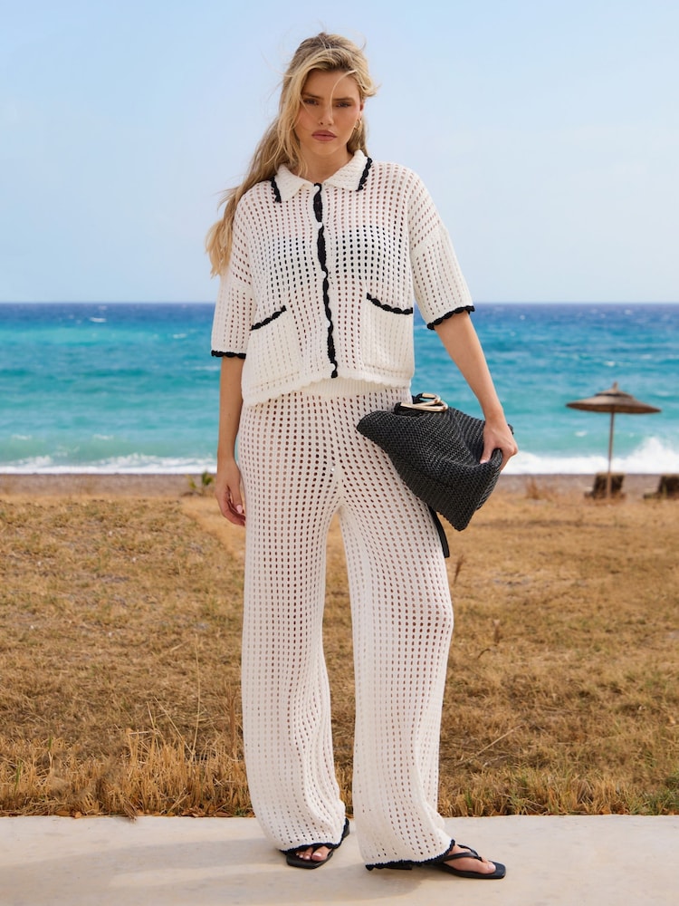 South Beach Crochet Knit Button Front Short Sleeve Shirt - Image 2 of 6