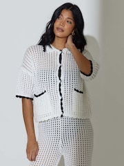 South Beach Crochet Knit Button Front Short Sleeve Shirt - Image 3 of 6