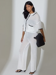 South Beach Crochet Knit Button Front Short Sleeve Shirt - Image 4 of 6