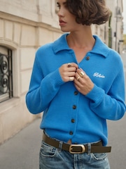 BHOEM Blue Buttoned Wool Blend High Collar Knit Cardigan with Embroidered Logo - Image 1 of 6