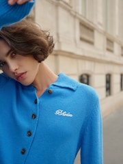 BHOEM Blue Buttoned Wool Blend High Collar Knit Cardigan with Embroidered Logo - Image 2 of 6