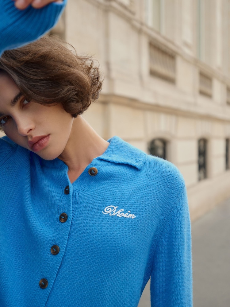 BHOEM Blue Buttoned Wool Blend High Collar Knit Cardigan with Embroidered Logo - Image 2 of 6 BHOEM Blue Buttoned Wool Blend High Collar Knit Cardigan with Embroidered Logo - Image 2 of 6