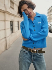 BHOEM Blue Buttoned Wool Blend High Collar Knit Cardigan with Embroidered Logo - Image 4 of 6