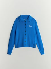BHOEM Blue Buttoned Wool Blend High Collar Knit Cardigan with Embroidered Logo - Image 6 of 6