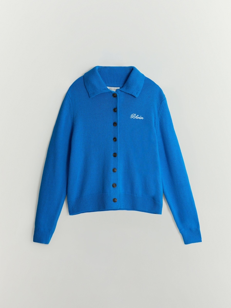 BHOEM Blue Buttoned Wool Blend High Collar Knit Cardigan with Embroidered Logo - Image 6 of 6 BHOEM Blue Buttoned Wool Blend High Collar Knit Cardigan with Embroidered Logo - Image 6 of 6