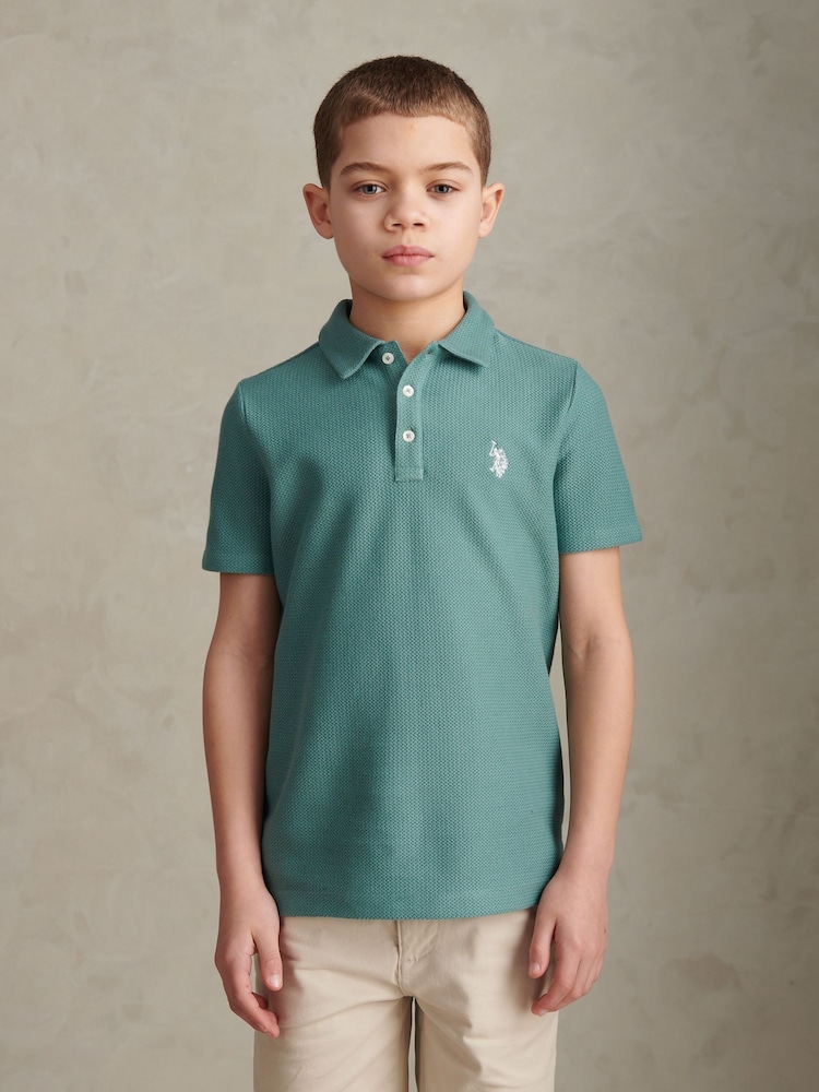 U.S. Polo Assn Green Herringbone Self Fabric Collar Polo Shirt - Image 1 of 7