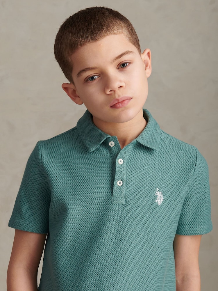 U.S. Polo Assn Green Herringbone Self Fabric Collar Polo Shirt - Image 2 of 7