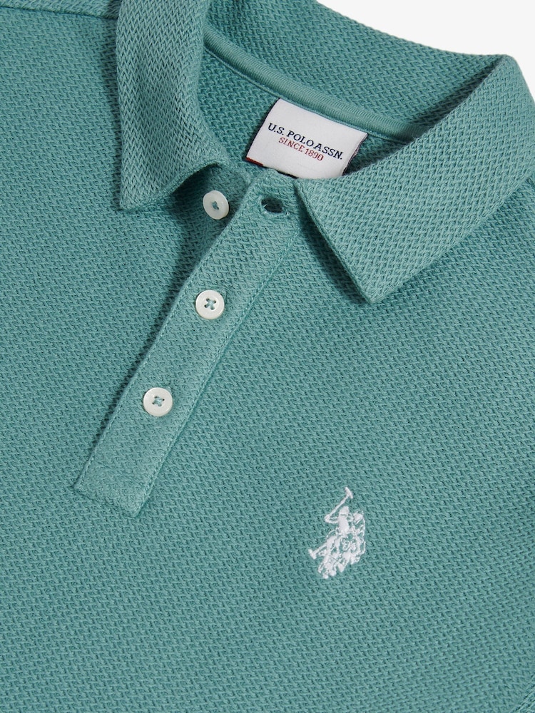 U.S. Polo Assn Green Herringbone Self Fabric Collar Polo Shirt - Image 7 of 7