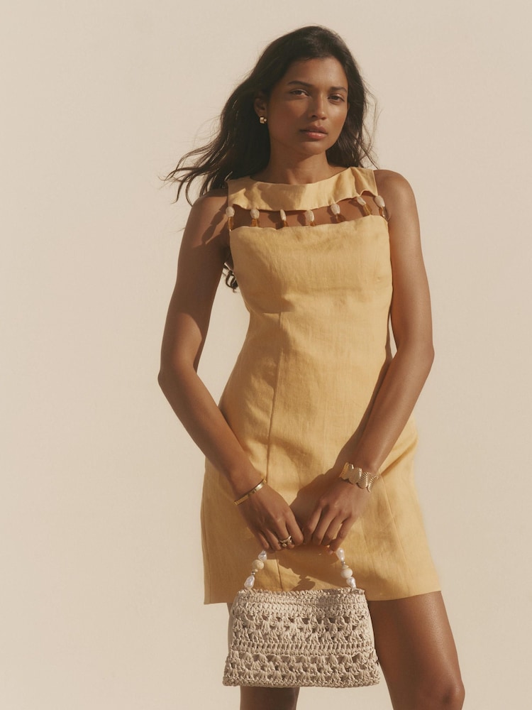 Mint Velvet Yellow Linen Beaded Mini Dress - Image 1 of 6
