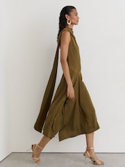 Vert kaki - Robe midi drapée asymétrique en satin Naomi de Reiss - Image 1 sur 8