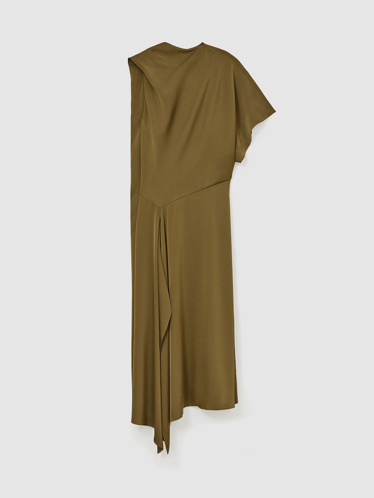 Vert kaki - Robe midi drapée asymétrique en satin Naomi de Reiss - Image 2 sur 8 Vert kaki - Robe midi drapée asymétrique en satin Naomi de Reiss - Image 2 sur 8