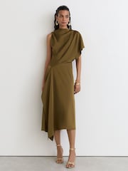 Vert kaki - Robe midi drapée asymétrique en satin Naomi de Reiss - Image 3 sur 8