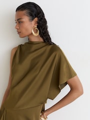 Vert kaki - Robe midi drapée asymétrique en satin Naomi de Reiss - Image 4 sur 8