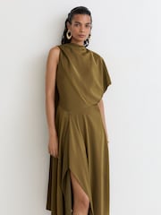 Vert kaki - Robe midi drapée asymétrique en satin Naomi de Reiss - Image 5 sur 8