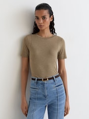 Reiss Dark Neutral Dotty Lyocell-Wool Ruched Crew-Neck T-Shirt - Image 1 of 6