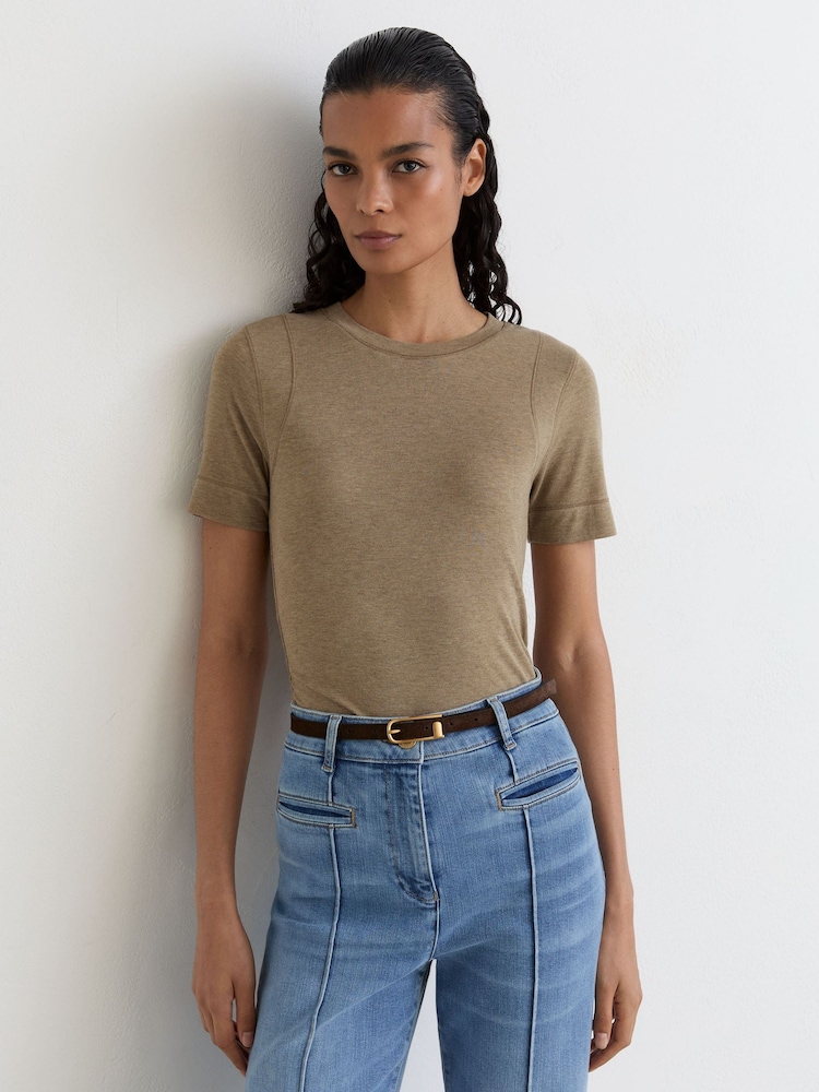 Reiss Dark Neutral Dotty Lyocell-Wool Ruched Crew-Neck T-Shirt - Image 1 of 6