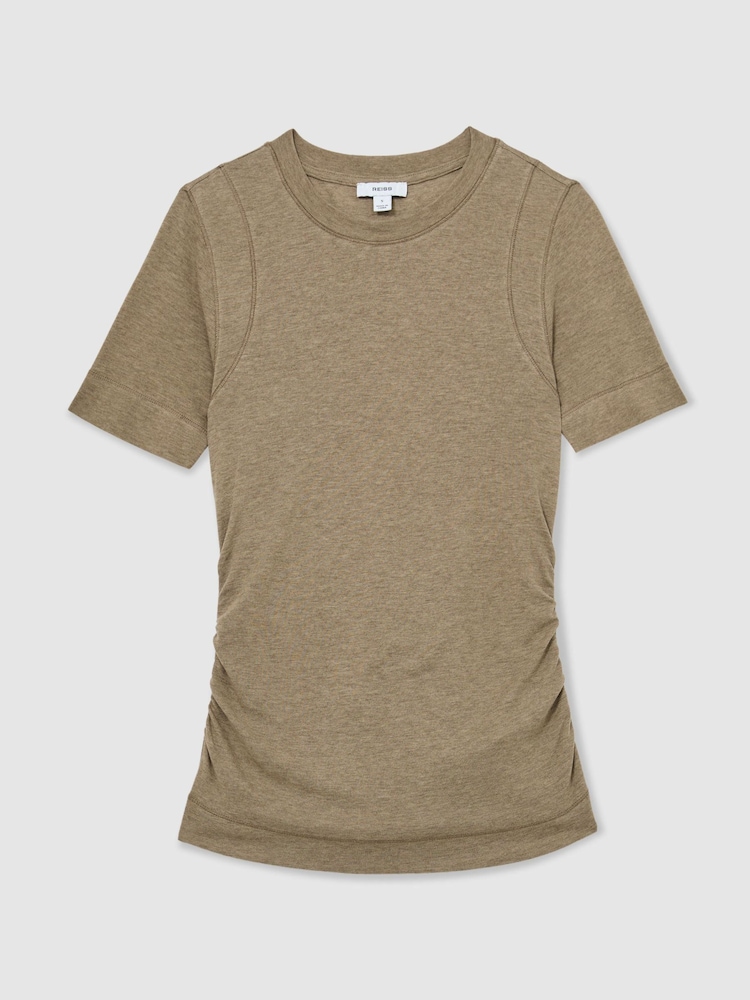 Reiss Dark Neutral Dotty Lyocell-Wool Ruched Crew-Neck T-Shirt - Image 2 of 6