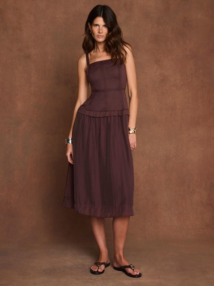 Mint Velvet Brown Ramie Drop Waist Midi Dress - Image 1 of 8 Mint Velvet Brown Ramie Drop Waist Midi Dress - Image 1 of 8