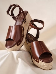 Mint Velvet Brown Leather Raya Espadrille Wedge Sandals - Image 1 of 5