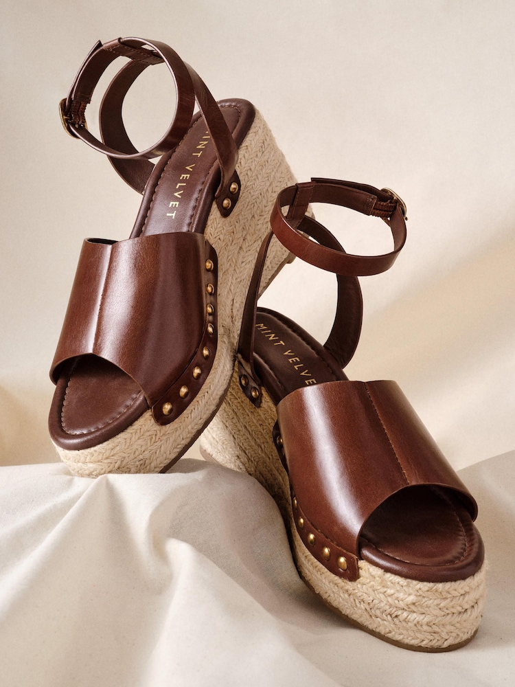 Mint Velvet Brown Leather Raya Espadrille Wedge Sandals - Image 1 of 5