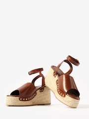 Mint Velvet Brown Leather Raya Espadrille Wedge Sandals - Image 3 of 5