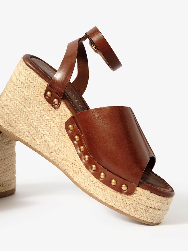 Mint Velvet Brown Leather Raya Espadrille Wedge Sandals - Image 5 of 5