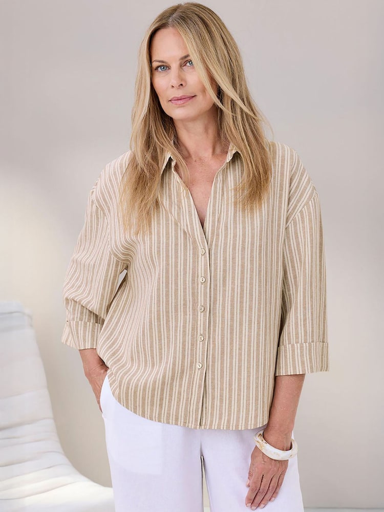 Cotton Traders Brown Linen Blend Stripe Shirt - Image 1 of 4 Cotton Traders Brown Linen Blend Stripe Shirt - Image 1 of 4