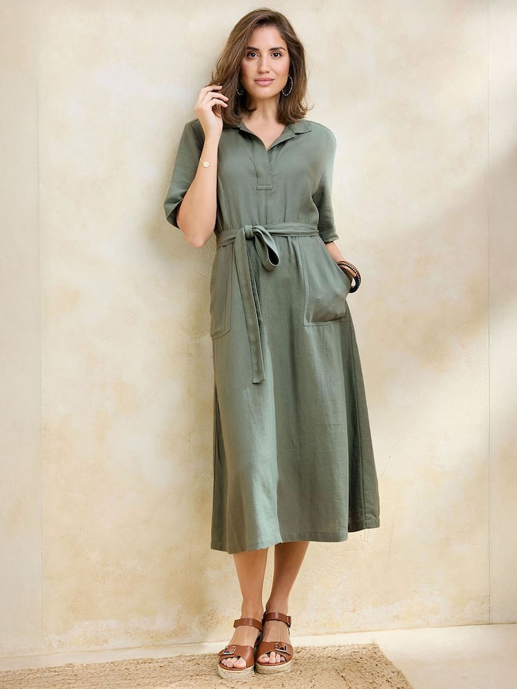 Cotton Traders Green Linen Blend Midi Dress - Image 1 of 3 Cotton Traders Green Linen Blend Midi Dress - Image 1 of 3